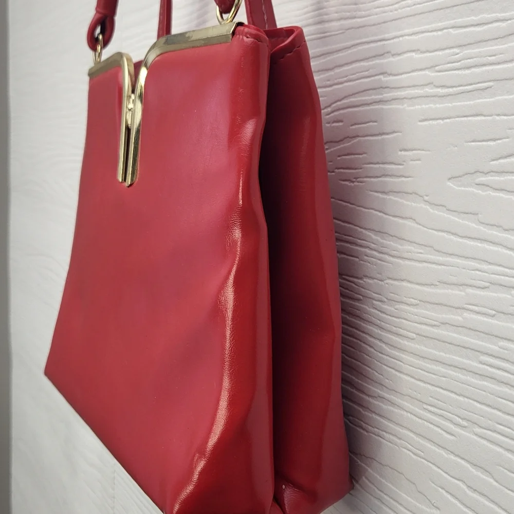 VTG 1950’s Red Faux Leather Handbag w/ Double Top Handles & Gold Hardware Read